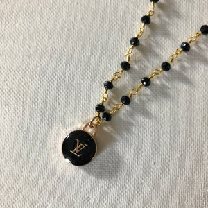 Black LV Button Necklace - Black and Gold Wire Wrapped Chain