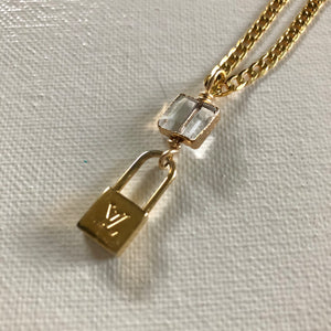 Lock Charm with Crystal on Gold-Filled Herringbone Chain