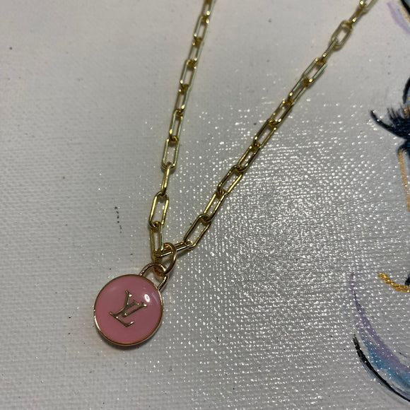 Pink LV Button Necklace - Gold-Filled Paperclip Chain