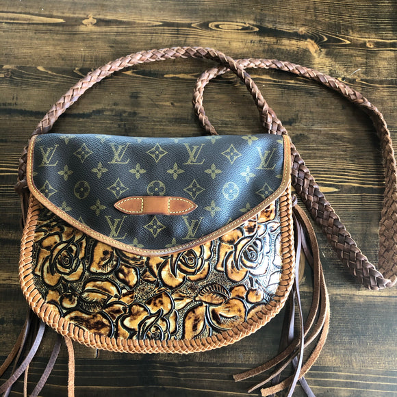 The Peacock Messenger - Vintage Monogram with Caramel Tooled Leather