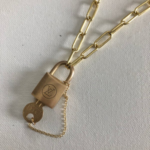 Key to My Heart Brass Padlock Necklace with GF Paperclip Chain