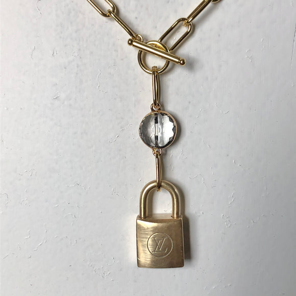 Key to My Heart Brass Padlock & Crystal on Paperclip Chain