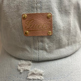 Light Denim Distressed Hat with Pink/Gold Gucci Patch